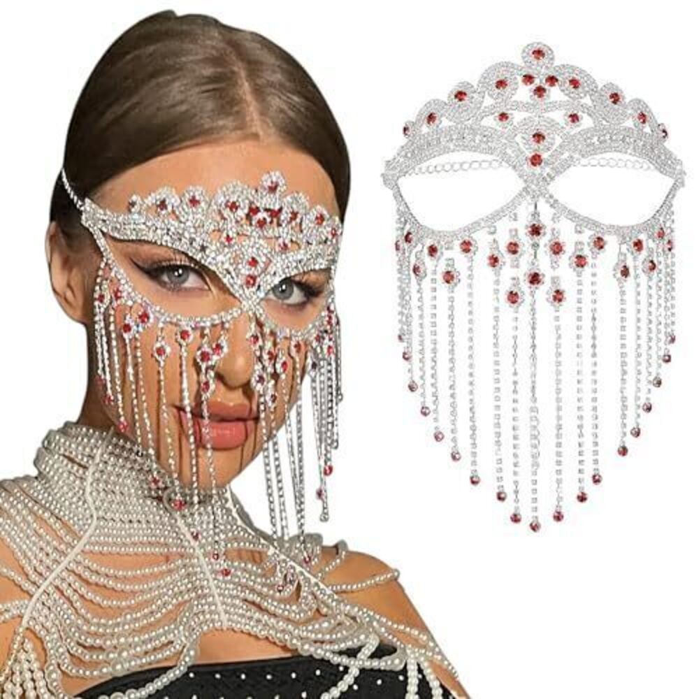 1082 Rhinestone Masquerade Mask - Crystal Face Chain Mask Red